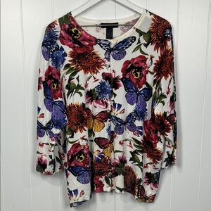 Grace Elements Womens Cardigan 3X White Pink Floral 3/4 Sleeves Pearl Button EUC